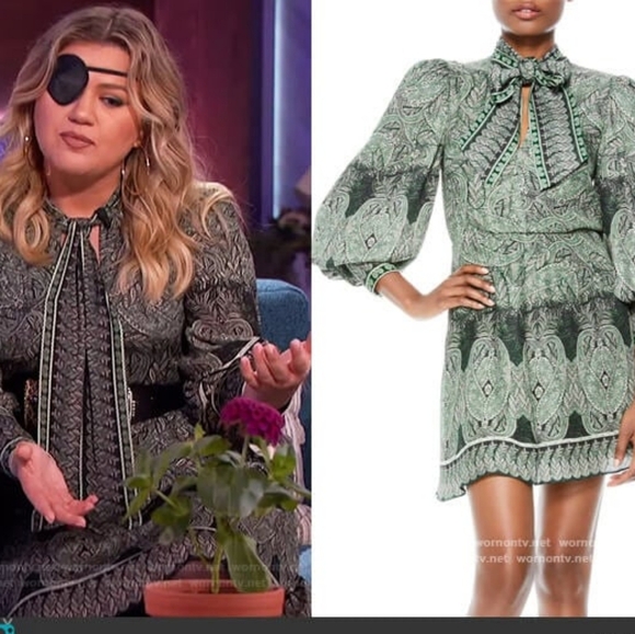 Alice + Olivia Tanisha Paisley Floral Long Sleeve with Neck Tie Green Dress 10 - Picture 14 of 16